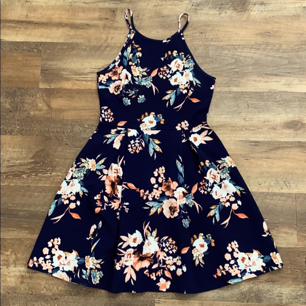 Navy Blue Floral Halter Dress